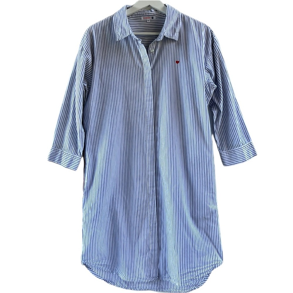 Sundry Striped Shirt Dress Embroidered Heart White Blue Size 1 - Small - Picture 4 of 12